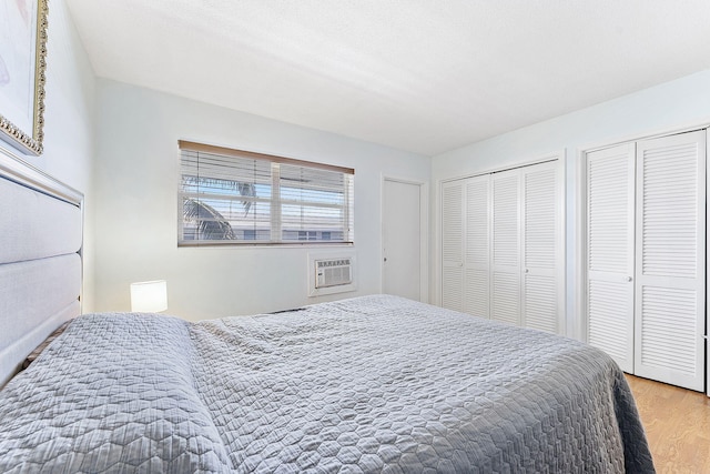2520 S Federal Hwy Unit 14, Boynton Beach, FL 33435 - bedroom with two closets, a wall mounted AC, and light wood-style flooring