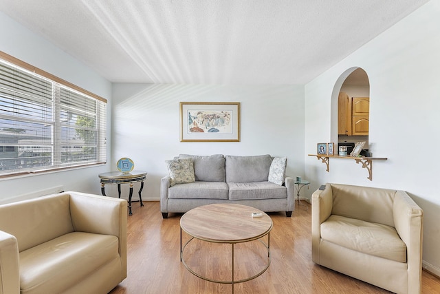 2520 S Federal Hwy Unit 14, Boynton Beach, FL 33435 - living room featuring light wood-type flooring, arched walkways, a textured ceiling, and baseboards