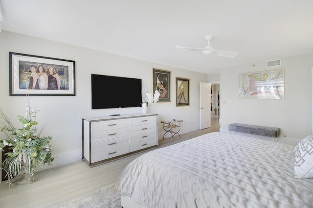 bedroom with ceiling fan, light wood-type flooring, and visible vents