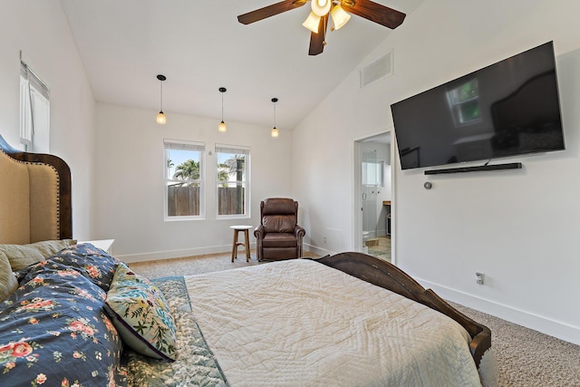 bedroom featuring visible vents, a ceiling fan, baseboards, high vaulted ceiling, and carpet flooring