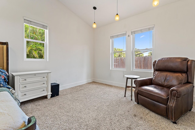 living area featuring carpet floors, baseboards, and lofted ceiling