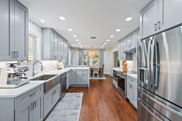 kitchen with appliances with stainless steel finishes, a sink, gray cabinets, under cabinet range hood, and visible vents