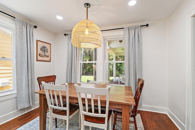 dining space featuring recessed lighting, baseboards, and dark wood finished floors