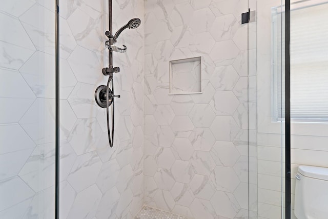 room details featuring toilet and a shower stall