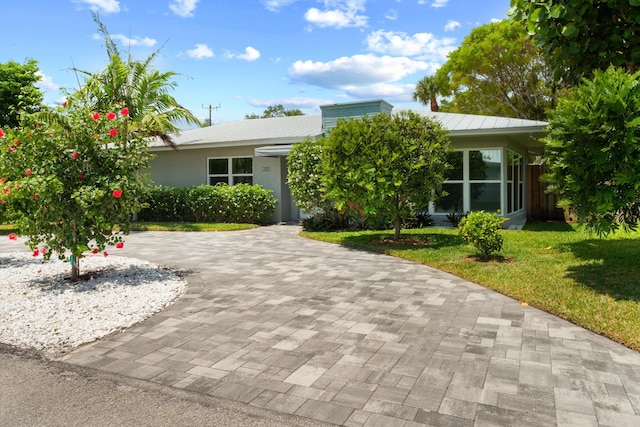 view of front of home featuring a front yard, metal roof, driveway, and stucco siding