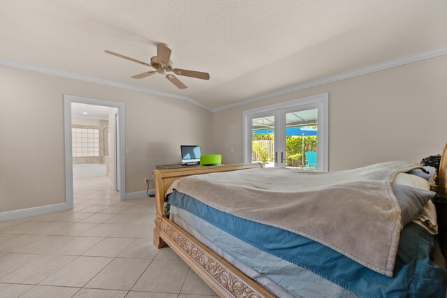 bedroom featuring ornamental molding, baseboards, light tile patterned flooring, connected bathroom, and ceiling fan