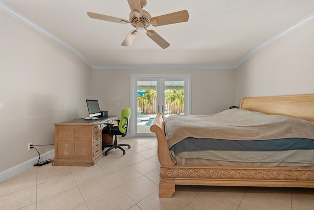 bedroom featuring crown molding, access to exterior, a desk, baseboards, and light tile patterned flooring