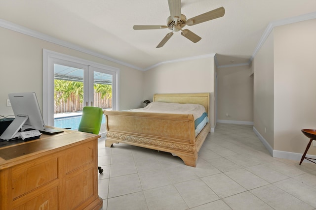 bedroom with crown molding, access to exterior, baseboards, light tile patterned flooring, and a desk