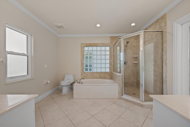 bathroom with ornamental molding, tile patterned flooring, a stall shower, vanity, and recessed lighting