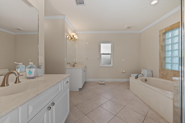 bathroom with ornamental molding, two vanities, tile patterned flooring, baseboards, and a garden tub