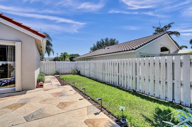 view of yard with a fenced backyard and a patio