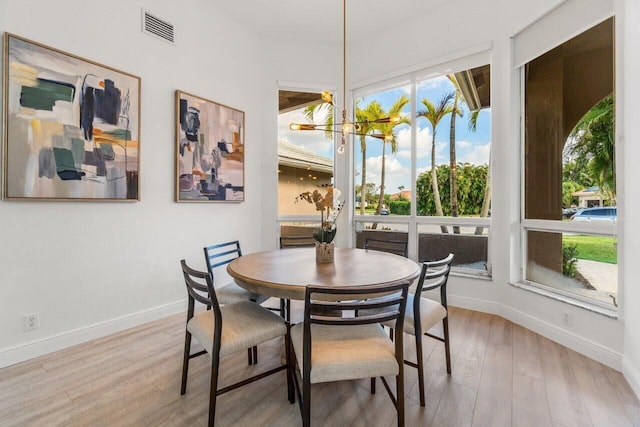 dining area featuring visible vents, baseboards, and wood finished floors