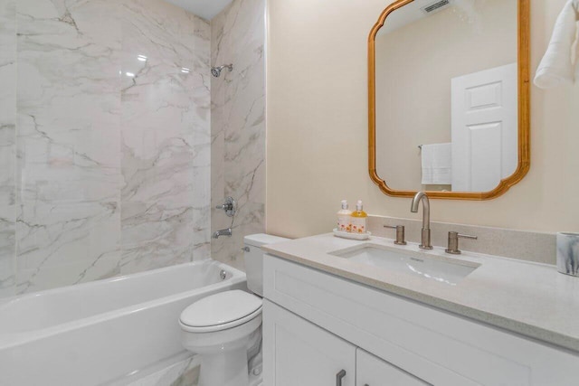 bathroom with vanity, visible vents, toilet, and tub / shower combination