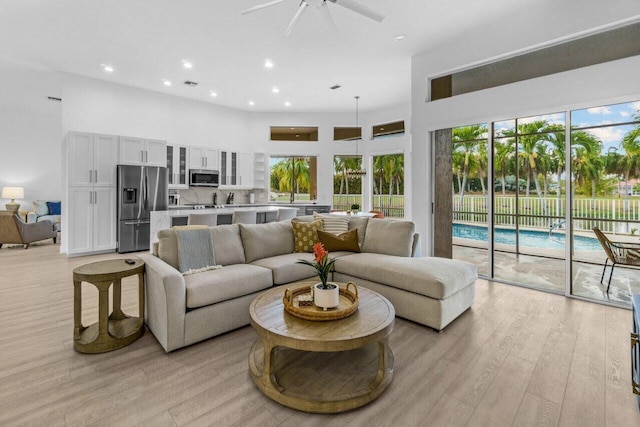 living area featuring a healthy amount of sunlight, light wood-style flooring, and a towering ceiling