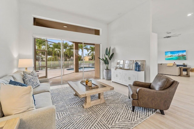 living room featuring a high ceiling and wood finished floors