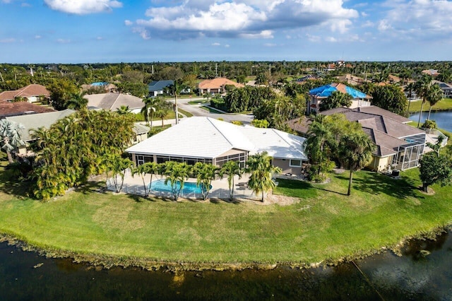 aerial view featuring a residential view and a water view