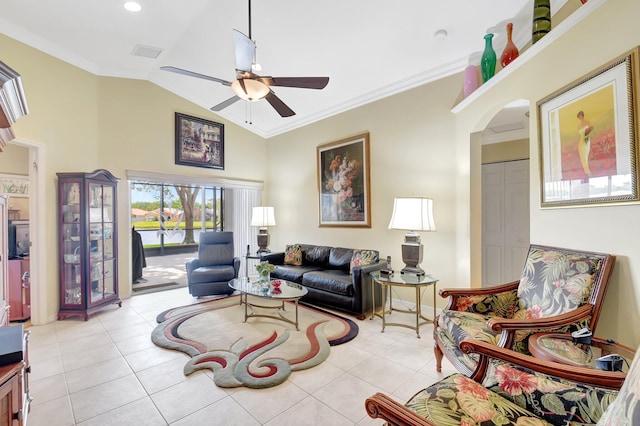 living room with a ceiling fan, light tile patterned floors, crown molding, high vaulted ceiling, and arched walkways