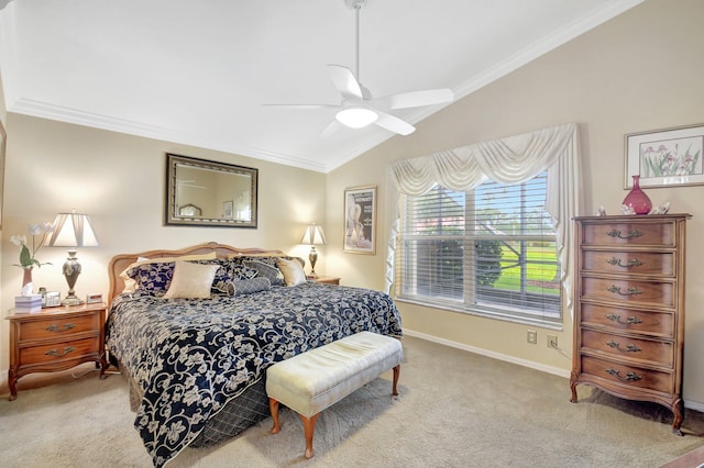 bedroom with vaulted ceiling, light carpet, ornamental molding, baseboards, and ceiling fan
