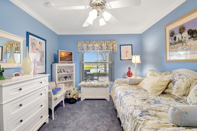 bedroom featuring dark carpet, crown molding, and ceiling fan