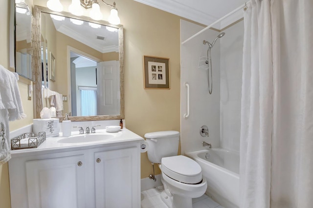 full bath featuring crown molding, shower / bath combination with curtain, vanity, toilet, and tile patterned flooring