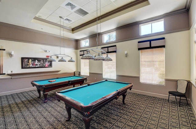 playroom featuring a tray ceiling, carpet floors, billiards, crown molding, and a high ceiling