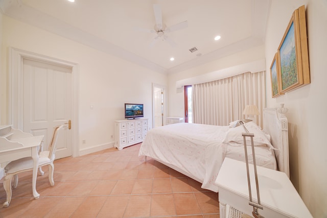 bedroom with recessed lighting, baseboards, a ceiling fan, light tile patterned floors, and visible vents
