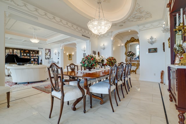 dining space with crown molding, a notable chandelier, a raised ceiling, arched walkways, and marble finish floor