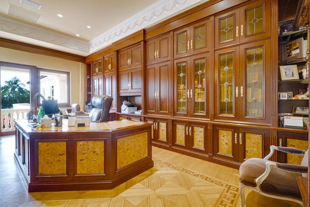 office space featuring ornamental molding and recessed lighting