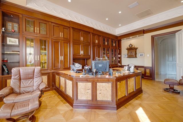office space with recessed lighting, crown molding, a decorative wall, and a wainscoted wall