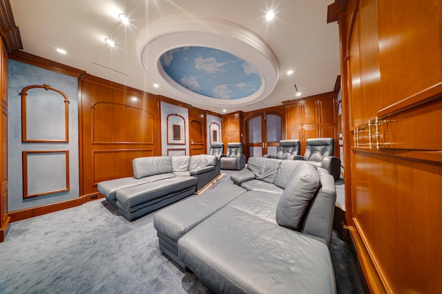 home theater room with crown molding, recessed lighting, baseboards, and carpet