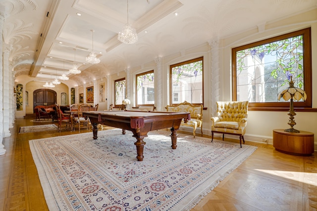 playroom with arched walkways, pool table, baseboards, beamed ceiling, and coffered ceiling