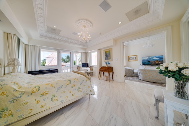 bedroom with a notable chandelier, a raised ceiling, access to exterior, visible vents, and ornamental molding