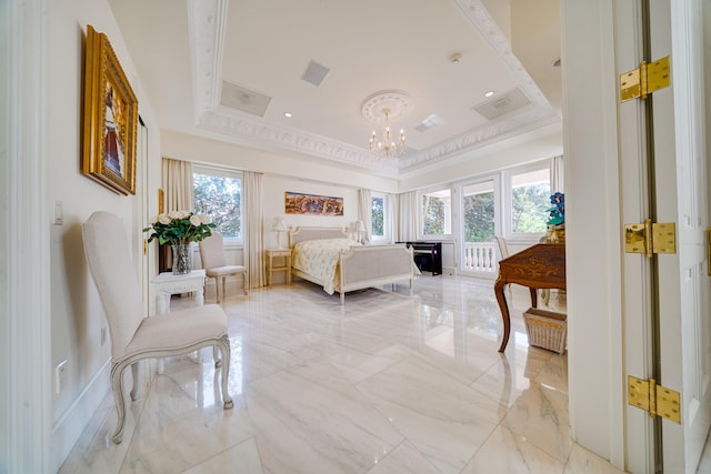 bedroom with crown molding, a chandelier, marble finish floor, a tray ceiling, and visible vents