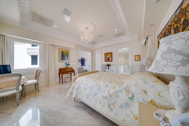 bedroom featuring marble finish floor, a chandelier, and a raised ceiling