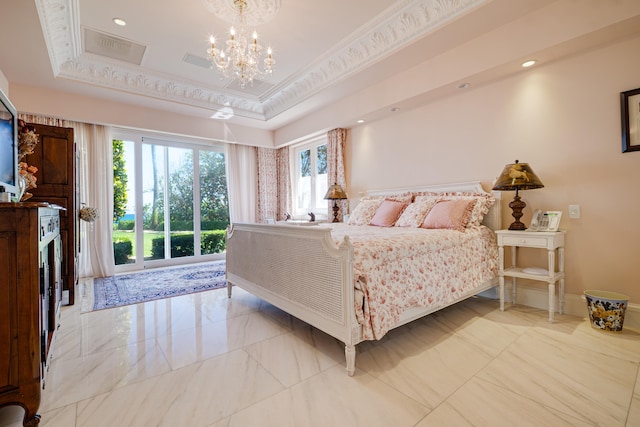 bedroom featuring recessed lighting, marble finish floor, a chandelier, and a tray ceiling