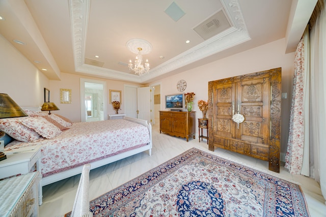 bedroom with visible vents, ornamental molding, recessed lighting, a raised ceiling, and a chandelier