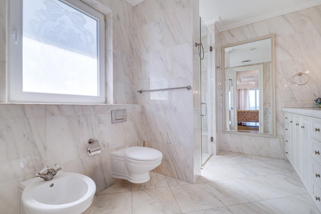 full bath featuring tile walls, a shower stall, a bidet, and marble finish floor