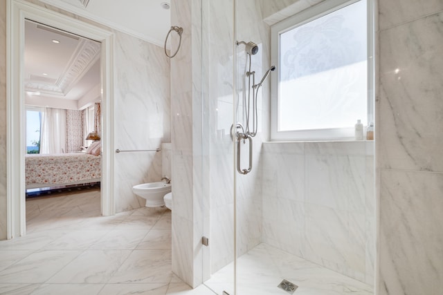ensuite bathroom featuring crown molding, marble finish floor, a marble finish shower, a bidet, and ensuite bath