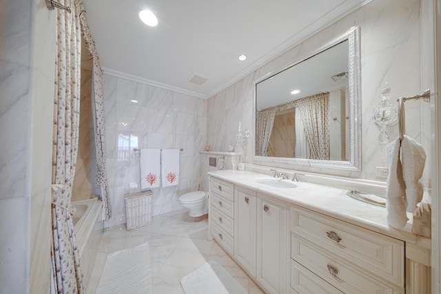 bathroom featuring crown molding, vanity, toilet, shower / bath combination with curtain, and tile walls