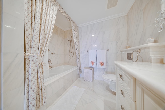 bathroom featuring crown molding, marble finish floor, toilet, tile walls, and tiled shower / bath