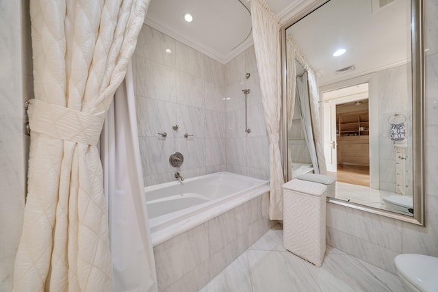 full bath with crown molding, tiled shower / bath, recessed lighting, and visible vents