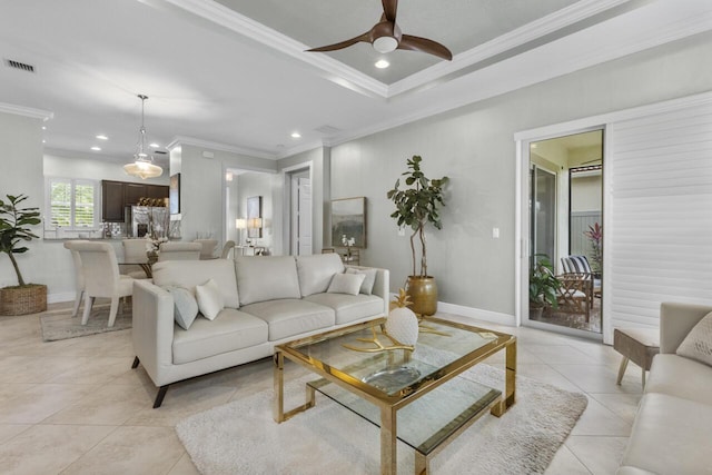 10245 SW Reggiani Rd, Port Saint Lucie, FL 34986 - living area featuring ceiling fan, visible vents, crown molding, light tile patterned floors, and recessed lighting