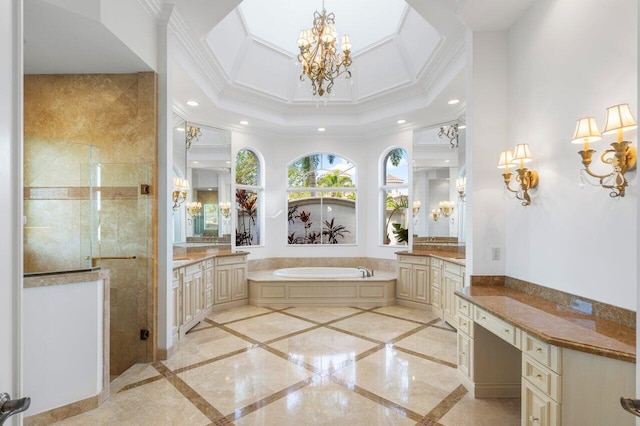 bathroom with crown molding, a chandelier, recessed lighting, a garden tub, and a stall shower