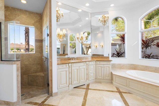 full bathroom with crown molding, recessed lighting, a stall shower, and a chandelier