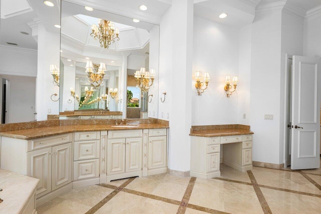 full bath featuring a notable chandelier, vanity, recessed lighting, baseboards, and ornamental molding