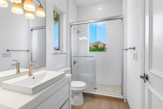 full bathroom featuring a healthy amount of sunlight, a shower stall, toilet, and wood finished floors