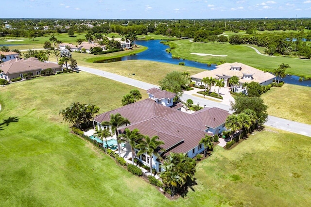 aerial view featuring a water view and golf course view