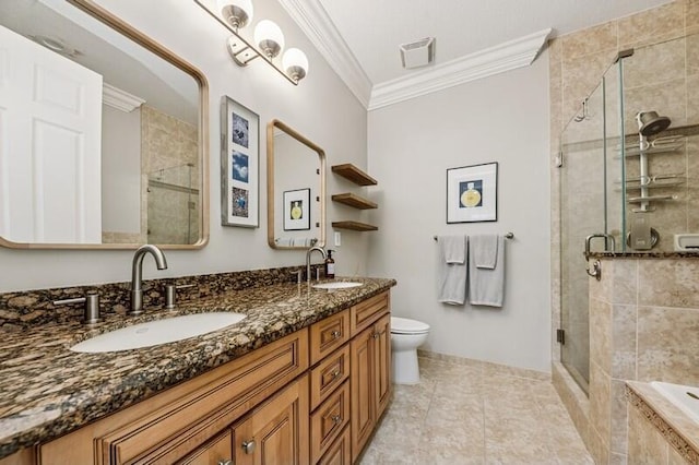 8292 NW 9th Ave, Boca Raton, FL 33487 - bathroom featuring crown molding, a stall shower, toilet, double vanity, and tile patterned floors