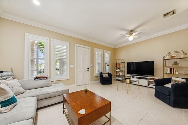 8292 NW 9th Ave, Boca Raton, FL 33487 - living area with healthy amount of natural light, light tile patterned floors, ornamental molding, and a ceiling fan