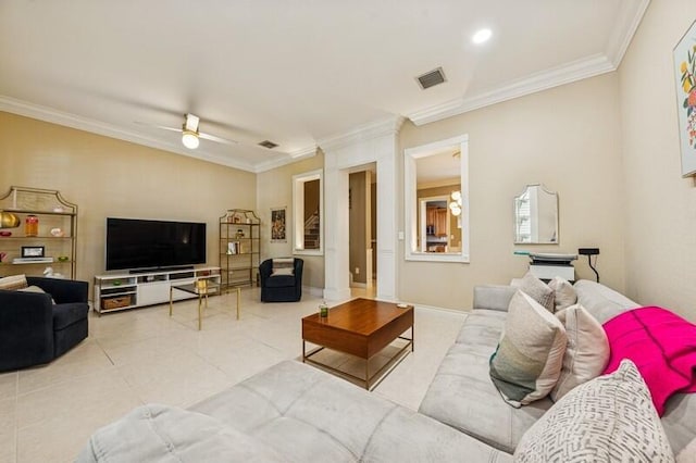 8292 NW 9th Ave, Boca Raton, FL 33487 - living room with crown molding, ceiling fan, and tile patterned flooring